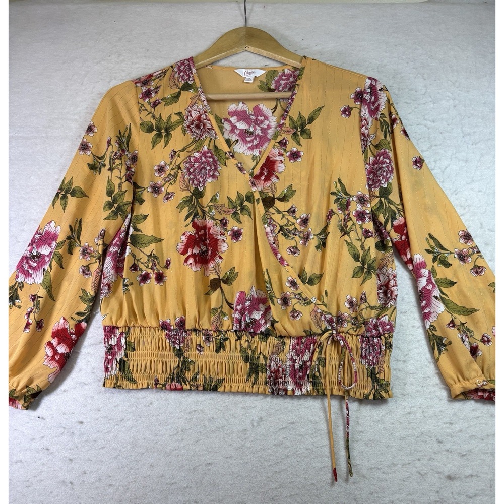 Candie's Floral Wrap Front V Neck Blouse L/SL Yellow Smocked Waist Sz M Tie
